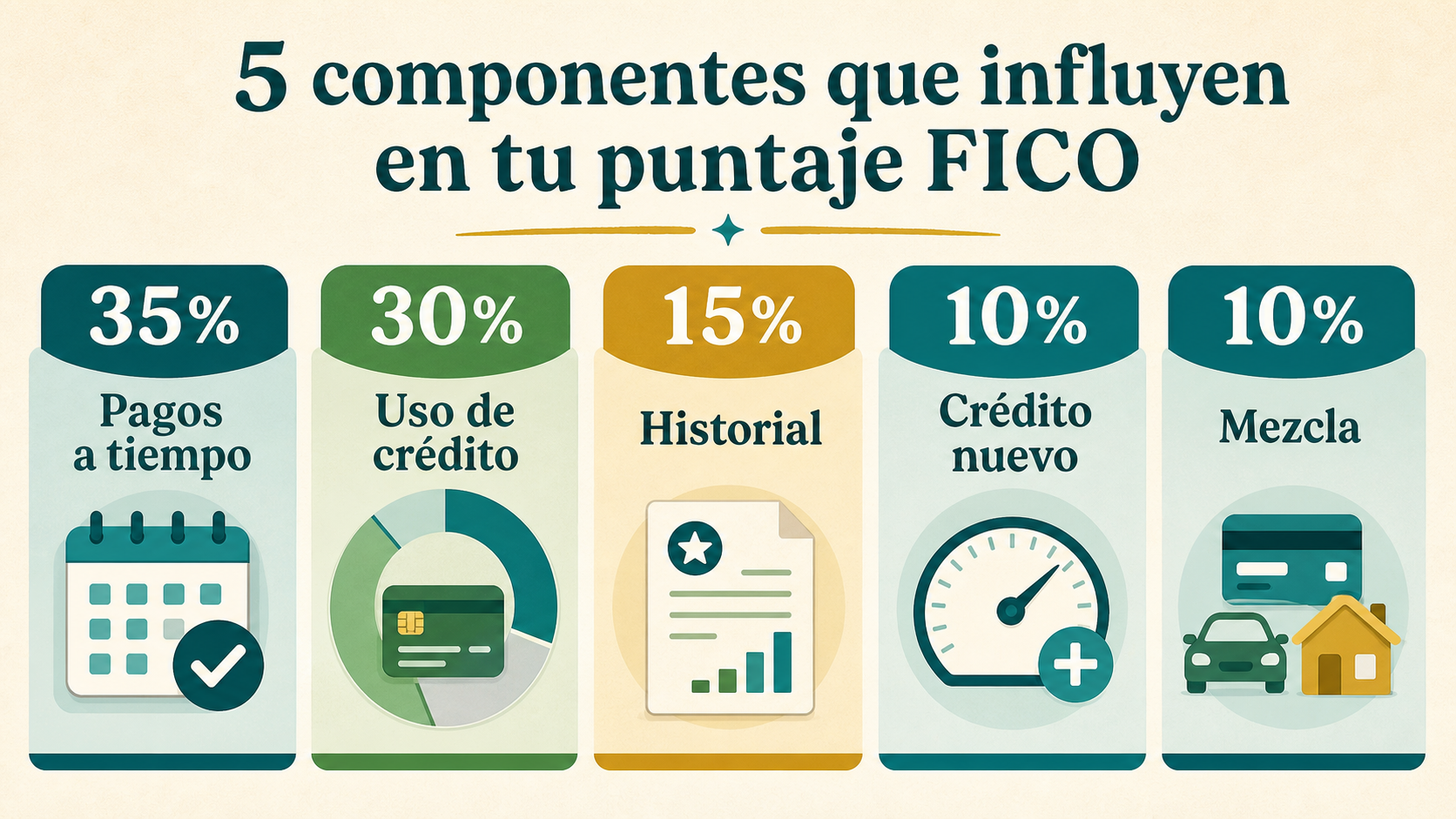 Ilustración con cinco componentes principales del puntaje FICO
