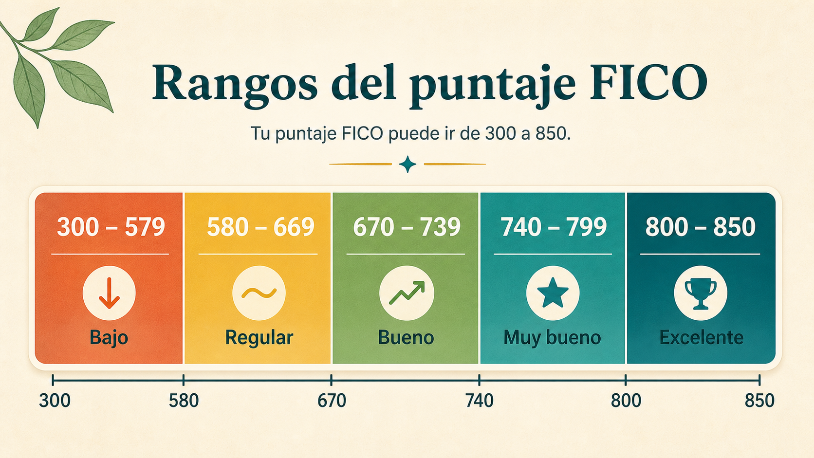 Ilustración de los rangos de puntaje FICO de 300 a 850
